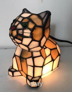 TIFFANY STYLE Stained Glass Bobble Head CAT LAMP Night Light with GREEN EYES 7 T