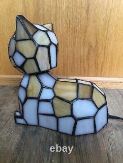 TIFFANY Style Stained Glass Bobble Head CAT LAMP Night Light with GREEN EYES