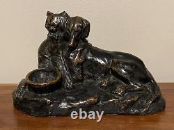 T. Cartier Bronze Cat & Dog Sculpture The Two Friends Signed Chipping On Ears