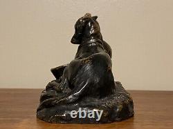 T. Cartier Bronze Cat & Dog Sculpture The Two Friends Signed Chipping On Ears