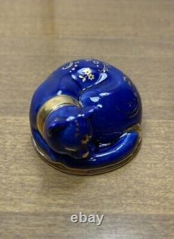 The Franklin Mint Curio Cabinet Cat Cobalt Blue And Gold Floral Sleeping Kitty