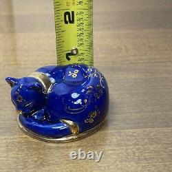 The Franklin Mint Curio Cabinet Cat Cobalt Blue And Gold Floral Sleeping Kitty