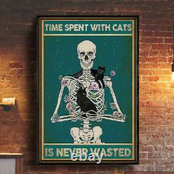 Time Spent With Cats Is Never Wasted Kittie Flower Floral Skeleton Canvas
