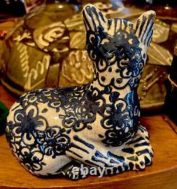 Turtlecreek Pottery Blue Hand Decorated Cat Figurine 1988 (red ware, Wood fired)