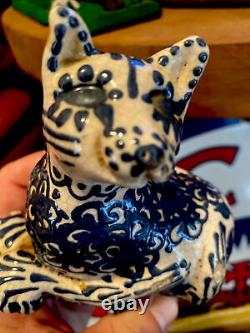 Turtlecreek Pottery Blue Hand Decorated Cat Figurine 1988 (red ware, Wood fired)
