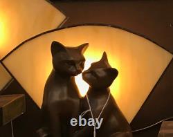 Twin Cat Art Deco Table Lamp Light With Amber Glass Will Ship Australia Wide