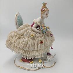Unterweissbach Germany Dresden Lace Lady With Cat Porcelain Figurine 8340