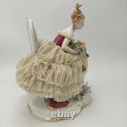 Unterweissbach Germany Dresden Lace Lady With Cat Porcelain Figurine 8340