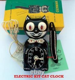 VINTAGE 60's BLACK-ELECTRIC-KIT CAT KLOCK-KAT CLOCK-ORIGINAL MOTOR REBUILT+ BOX