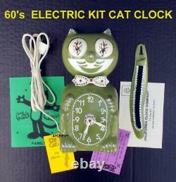 VINTAGE 60's-ELECTRIC-AVOCADO KIT CAT KLOCK-KAT CLOCK-ORIGINAL MOTOR REBUILT-USA