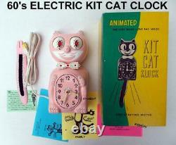 VINTAGE 60's PINK ELECTRIC-KIT CAT KLOCK-KAT CLOCK-ORIGINAL MOTOR REBUILT+ BOX