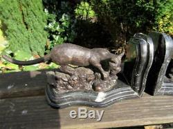 VINTAGE ART DECO BRONZE SCULPTURES OF CATS, MARBLE BOOKENDS signed by JP Mene