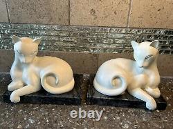 VINTAGE DECO STYLE WHITE STONE CAT BOOKENDS MCM ON MARBLE BASE 8lbs PAIR TAIWAN