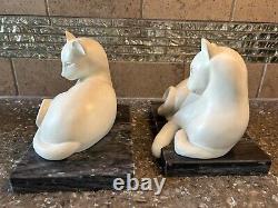 VINTAGE DECO STYLE WHITE STONE CAT BOOKENDS MCM ON MARBLE BASE 8lbs PAIR TAIWAN