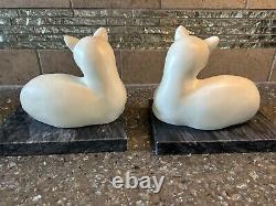 VINTAGE DECO STYLE WHITE STONE CAT BOOKENDS MCM ON MARBLE BASE 8lbs PAIR TAIWAN