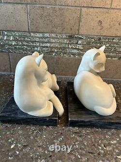 VINTAGE DECO STYLE WHITE STONE CAT BOOKENDS MCM ON MARBLE BASE 8lbs PAIR TAIWAN