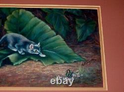 VINTAGE LOVELY Kitten Cat Butterfly Leaves Original Pastel by Martha Barr TX ART