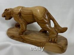VINTAGE OLIVE WOOD HAND CARVED PANTHER LION TIGER Jaguar FIGURINE STATUE