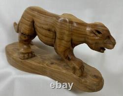 VINTAGE OLIVE WOOD HAND CARVED PANTHER LION TIGER Jaguar FIGURINE STATUE