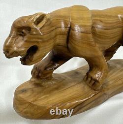 VINTAGE OLIVE WOOD HAND CARVED PANTHER LION TIGER Jaguar FIGURINE STATUE