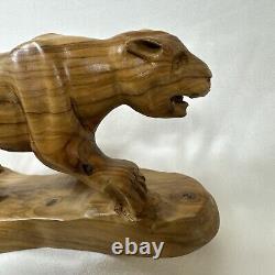 VINTAGE OLIVE WOOD HAND CARVED PANTHER LION TIGER Jaguar FIGURINE STATUE