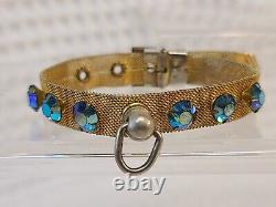 VTG Art Deco Brass Mesh Choker AURORA BOREALIS RHINESTONE Cat Dog Collar