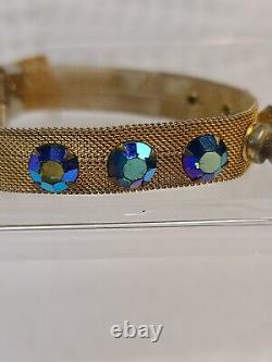 VTG Art Deco Brass Mesh Choker AURORA BOREALIS RHINESTONE Cat Dog Collar