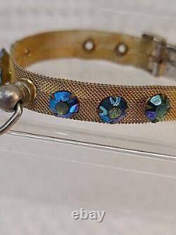 VTG Art Deco Brass Mesh Choker AURORA BOREALIS RHINESTONE Cat Dog Collar