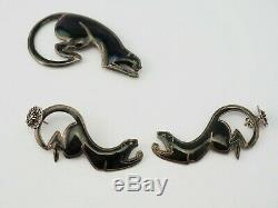 VTG Art Deco sterling silver black enamel panther cat earrings & pin brooch set