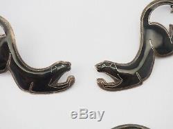 VTG Art Deco sterling silver black enamel panther cat earrings & pin brooch set