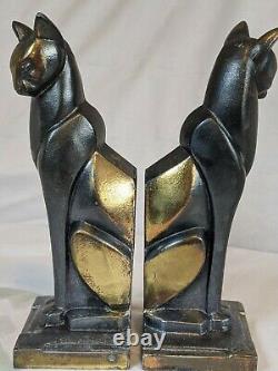 VTG Frankart Art Deco Siamese Cat Bookends Spelter Metal Cubist Sculpture 1930's