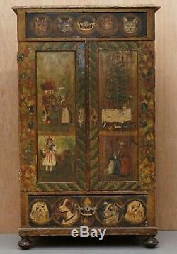 Very Rare Hand Painted Austrian Circa 1820 Small Linen Closed Cupboard Cats Dogs