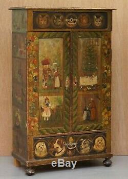 Very Rare Hand Painted Austrian Circa 1820 Small Linen Closed Cupboard Cats Dogs