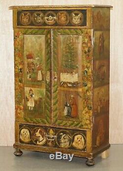 Very Rare Hand Painted Austrian Circa 1820 Small Linen Closed Cupboard Cats Dogs