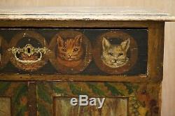 Very Rare Hand Painted Austrian Circa 1820 Small Linen Closed Cupboard Cats Dogs