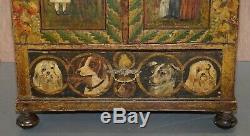 Very Rare Hand Painted Austrian Circa 1820 Small Linen Closed Cupboard Cats Dogs