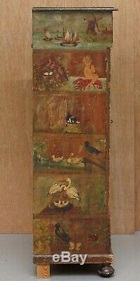 Very Rare Hand Painted Austrian Circa 1820 Small Linen Closed Cupboard Cats Dogs