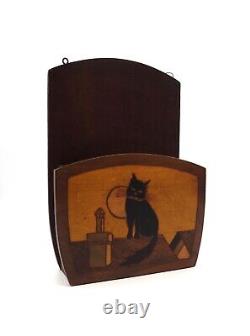 Very Rare Original French Antique Art Deco Cat Wall Letter Holder Storage Box