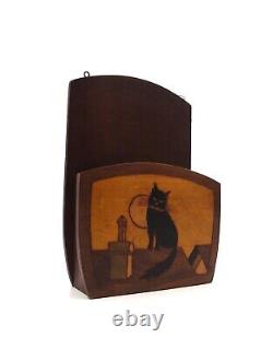 Very Rare Original French Antique Art Deco Cat Wall Letter Holder Storage Box