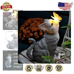 Vibrant Solar LED Cat and Butterfly Outdoor Statue for Lawn and Patio Decoration