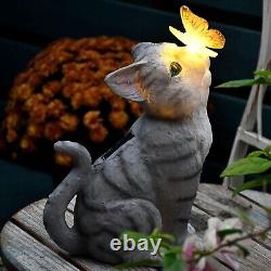 Vibrant Solar LED Cat and Butterfly Outdoor Statue for Lawn and Patio Decoration