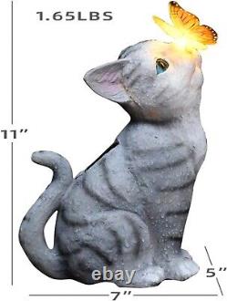Vibrant Solar LED Cat and Butterfly Outdoor Statue for Lawn and Patio Decoration