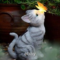 Vibrant Solar LED Cat and Butterfly Outdoor Statue for Lawn and Patio Decoration
