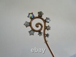 Victorian Antique Art Deco Cat Eye Moonstone Shepard Hook Swirl 10K Hat Pin 6