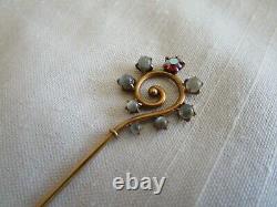 Victorian Antique Art Deco Cat Eye Moonstone Shepard Hook Swirl 10K Hat Pin 6