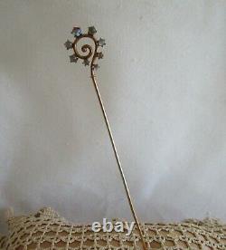 Victorian Antique Art Deco Cat Eye Moonstone Shepard Hook Swirl 10K Hat Pin 6