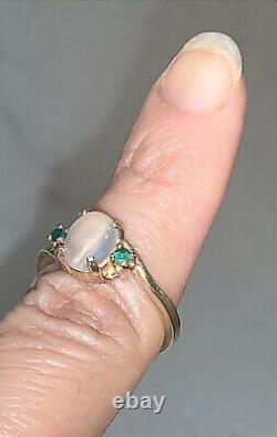 Vintage 14k YG Moonstone + Emerald Ring Sz 6.5 Cats Eye Glow Art Deco Retro