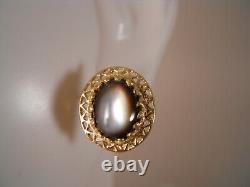 Vintage 14k Yellow Gold Cats Eye Quartz Art Deco Victorian Flower Stud Earrings