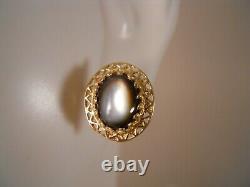 Vintage 14k Yellow Gold Cats Eye Quartz Art Deco Victorian Flower Stud Earrings