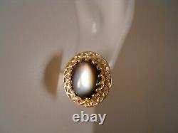 Vintage 14k Yellow Gold Cats Eye Quartz Art Deco Victorian Flower Stud Earrings